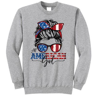 All American Girl 4th Of July Women Messy Bun USA Flag Tall Sweatshirt