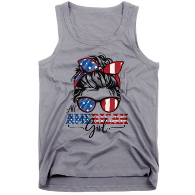 All American Girl 4th Of July Women Messy Bun USA Flag Tank Top