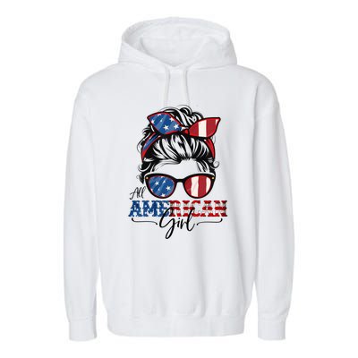 All American Girl 4th Of July Women Messy Bun USA Flag Garment-Dyed Fleece Hoodie