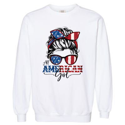 All American Girl 4th Of July Women Messy Bun USA Flag Garment-Dyed Sweatshirt