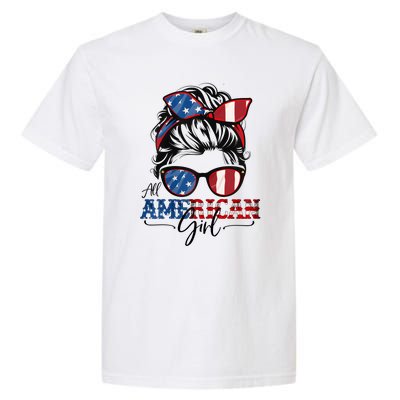 All American Girl 4th Of July Women Messy Bun USA Flag Garment-Dyed Heavyweight T-Shirt