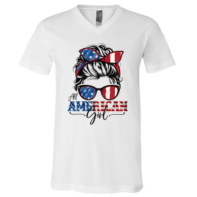 All American Girl 4th Of July Women Messy Bun USA Flag V-Neck T-Shirt