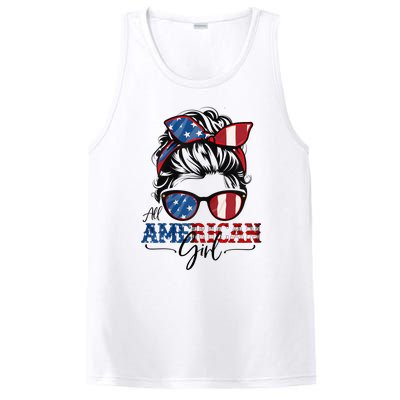 All American Girl 4th Of July Women Messy Bun USA Flag PosiCharge Competitor Tank