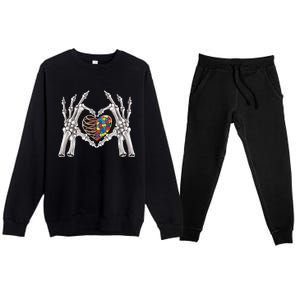 Autism Awareness Gothic Skull Hand Autism Puzzle Piece Heart Gift Premium Crewneck Sweatsuit Set