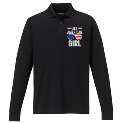 All American Girl 4th Of July Girl Patriotic Performance Long Sleeve Polo