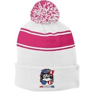 All American Girl 4th Of July Usa Flag Patriotic Girl Stripe Pom Pom Beanie