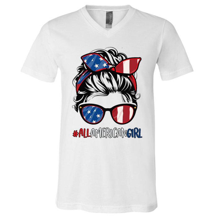 All American Girl 4th Of July Usa Flag Patriotic Girl V-Neck T-Shirt