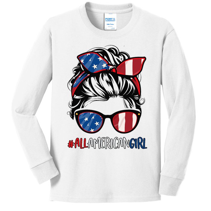 All American Girl 4th Of July Usa Flag Patriotic Girl Kids Long Sleeve Shirt