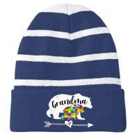 Autism Awareness Grandma Bear Support Autistic Adults Wo Striped Beanie with Solid Band