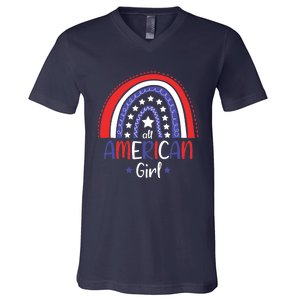 All American Girl July 4th America Flag Rainbow V-Neck T-Shirt