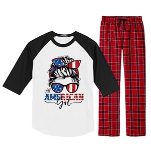 All American Girl 4th Of July Women Messy Bun Usa Flag Raglan Sleeve Pajama Set