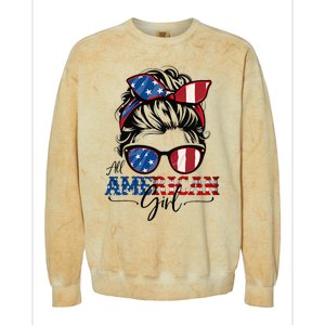 All American Girl 4th Of July Women Messy Bun Usa Flag Colorblast Crewneck Sweatshirt