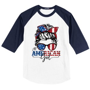 All American Girl 4th Of July Women Messy Bun Usa Flag Baseball Sleeve Shirt