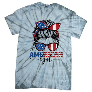 All American Girl 4th Of July Women Messy Bun Usa Flag Tie-Dye T-Shirt