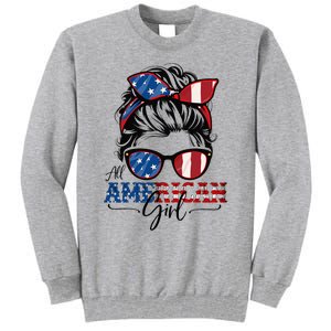 All American Girl 4th Of July Women Messy Bun Usa Flag Tall Sweatshirt