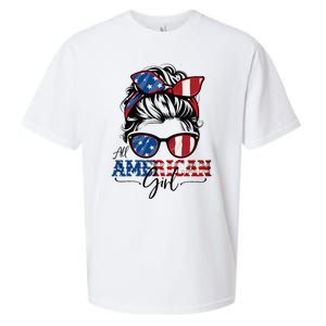 All American Girl 4th Of July Women Messy Bun Usa Flag Sueded Cloud Jersey T-Shirt