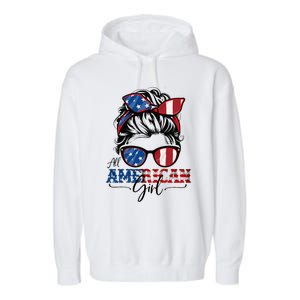 All American Girl 4th Of July Women Messy Bun Usa Flag Garment-Dyed Fleece Hoodie