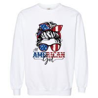 All American Girl 4th Of July Women Messy Bun Usa Flag Garment-Dyed Sweatshirt