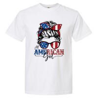 All American Girl 4th Of July Women Messy Bun Usa Flag Garment-Dyed Heavyweight T-Shirt