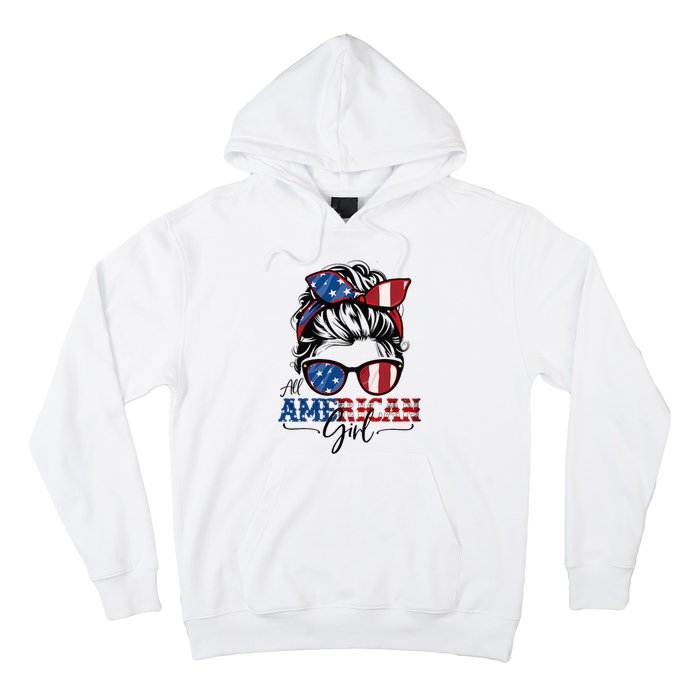 All American Girl 4th Of July Women Messy Bun Usa Flag Hoodie