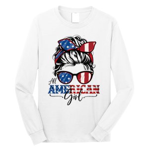 All American Girl 4th Of July Women Messy Bun Usa Flag Long Sleeve Shirt