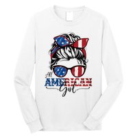 All American Girl 4th Of July Women Messy Bun Usa Flag Long Sleeve Shirt