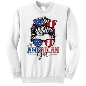 All American Girl 4th Of July Women Messy Bun Usa Flag Sweatshirt