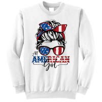 All American Girl 4th Of July Women Messy Bun Usa Flag Sweatshirt