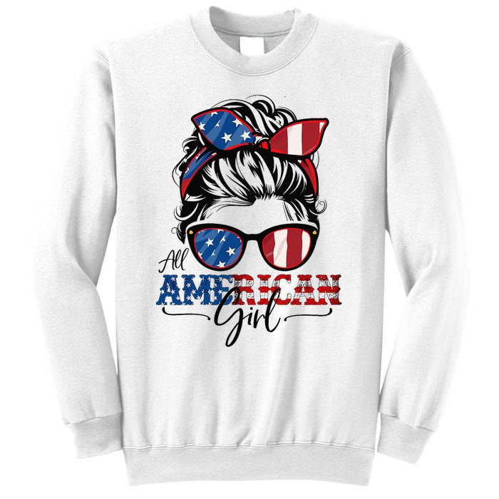 All American Girl 4th Of July Women Messy Bun Usa Flag Sweatshirt