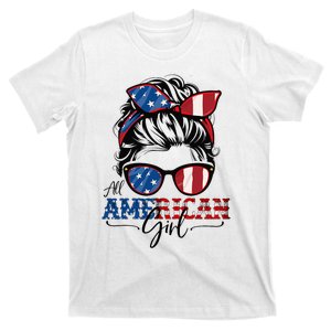 All American Girl 4th Of July Women Messy Bun Usa Flag T-Shirt