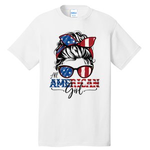 All American Girl 4th Of July Women Messy Bun Usa Flag Tall T-Shirt