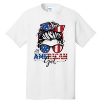 All American Girl 4th Of July Women Messy Bun Usa Flag Tall T-Shirt