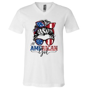 All American Girl 4th Of July Women Messy Bun Usa Flag V-Neck T-Shirt