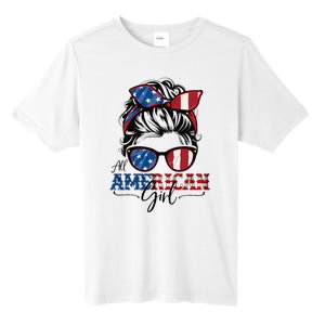 All American Girl 4th Of July Women Messy Bun Usa Flag Tall Fusion ChromaSoft Performance T-Shirt