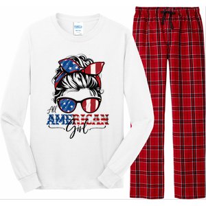 All American Girl 4th Of July Women Messy Bun Usa Flag Long Sleeve Pajama Set