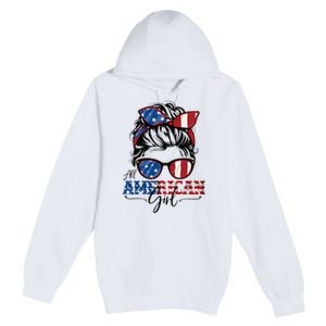 All American Girl 4th Of July Women Messy Bun Usa Flag Premium Pullover Hoodie