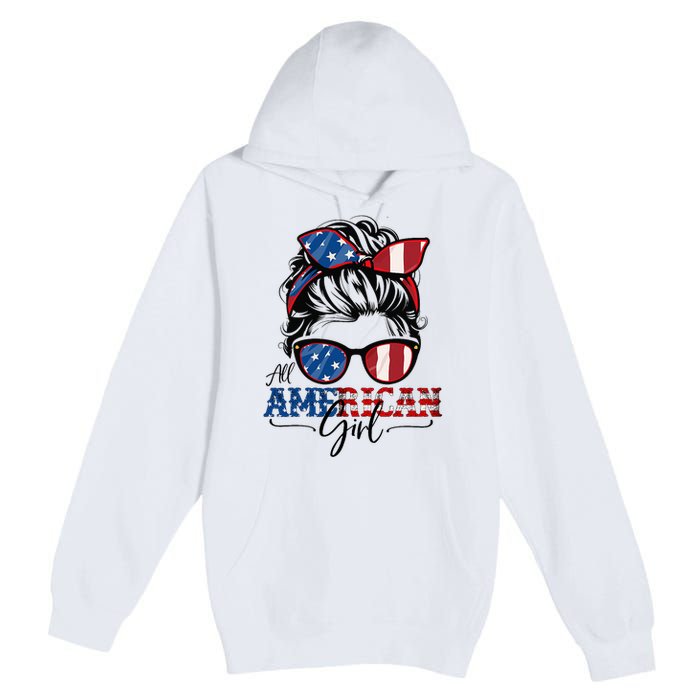 All American Girl 4th Of July Women Messy Bun Usa Flag Premium Pullover Hoodie