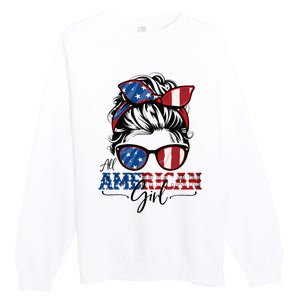 All American Girl 4th Of July Women Messy Bun Usa Flag Premium Crewneck Sweatshirt