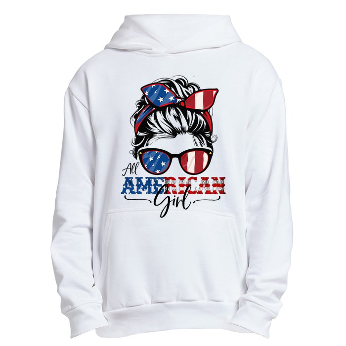 All American Girl 4th Of July Women Messy Bun Usa Flag Urban Pullover Hoodie