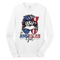 All American Girl 4th Of July Women Messy Bun Usa Flag Tall Long Sleeve T-Shirt