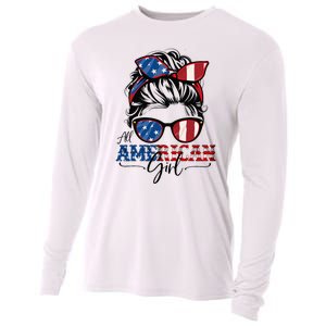 All American Girl 4th Of July Women Messy Bun Usa Flag Cooling Performance Long Sleeve Crew