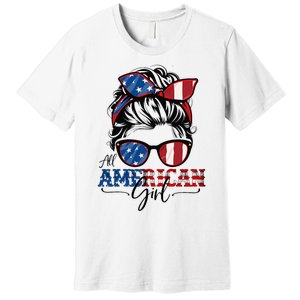 All American Girl 4th Of July Women Messy Bun Usa Flag Premium T-Shirt