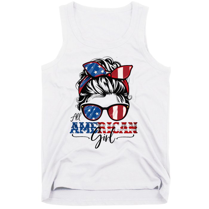 All American Girl 4th Of July Women Messy Bun Usa Flag Tank Top