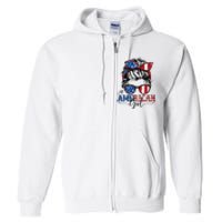 All American Girl 4th Of July Women Messy Bun Usa Flag Full Zip Hoodie