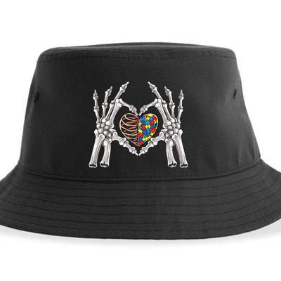 Autism Awareness Gothic Skull Hand Autism Puzzle Piece Heart Gift Sustainable Bucket Hat