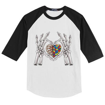 Autism Awareness Gothic Skull Hand Autism Puzzle Piece Heart Gift Kids Colorblock Raglan Jersey
