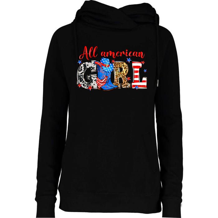 All American Girl Howdy 4th Of July Independence Day Cowboy Cowgirl Western Womens Funnel Neck Pullover Hood