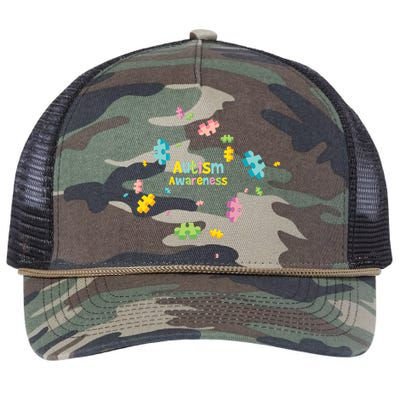 Autism Awareness Gift Puzzle Pieces Gift Retro Rope Trucker Hat Cap