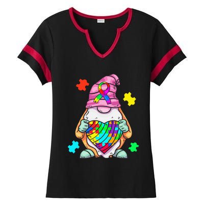 Autism Awareness Gnome Hugging Heart Acceptance Ladies Halftime Notch Neck Tee