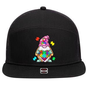 Autism Awareness Gnome Hugging Heart Acceptance 7 Panel Mesh Trucker Snapback Hat